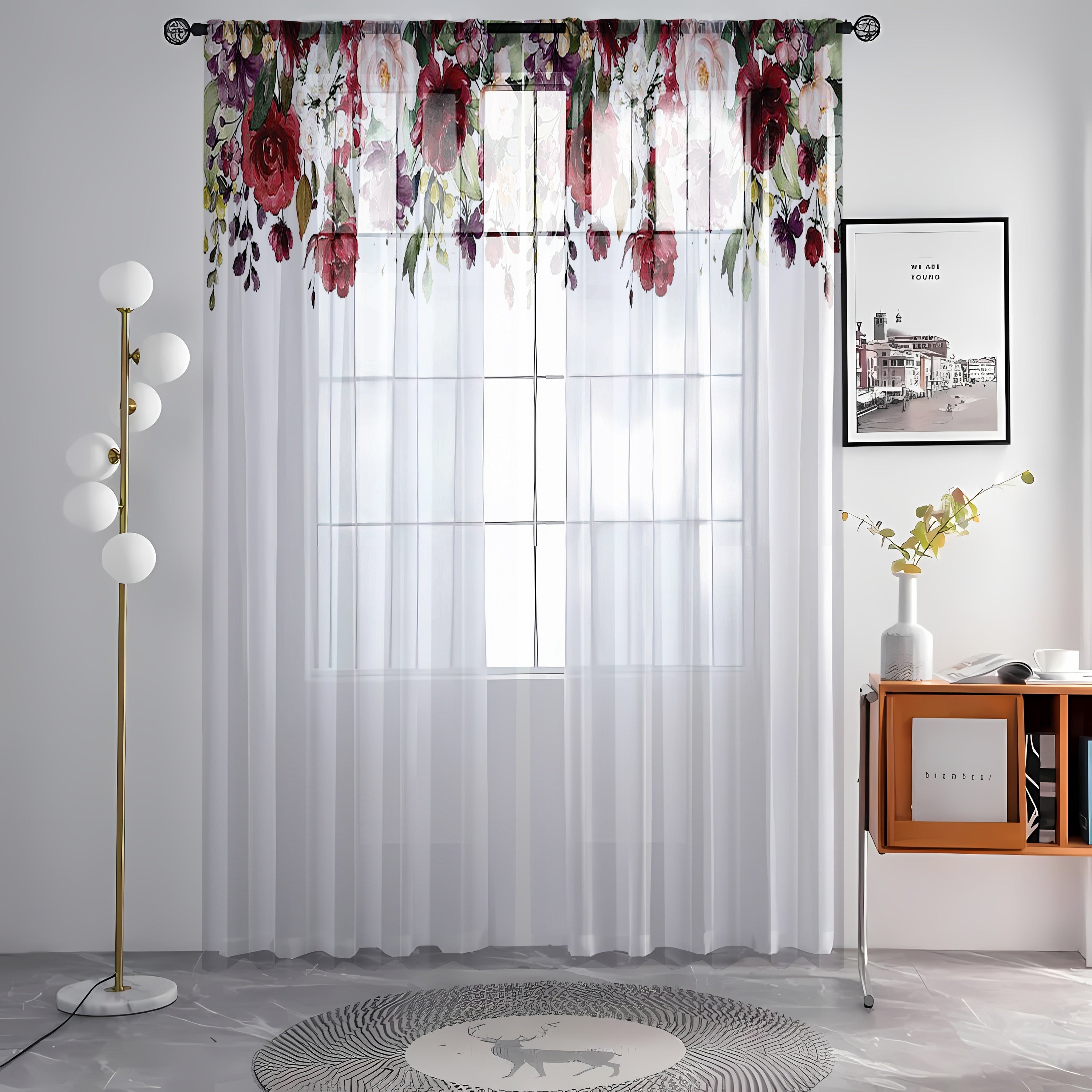 2pcs Rose Print Semi-sheer Curtains, Rod Pocket Decorative Window Drapes, Window Treatments For Bedroom Living Room, Home Decoration, Room Decoration