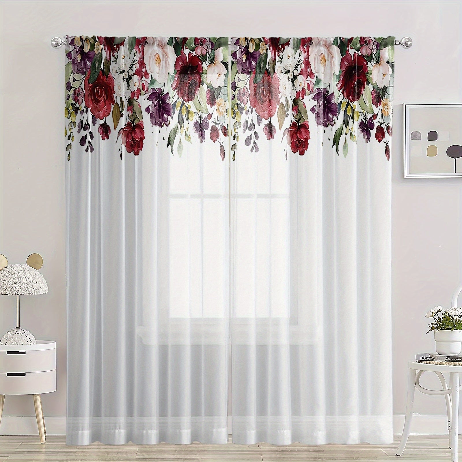 2pcs Rose Print Semi-sheer Curtains, Rod Pocket Decorative Window Drapes, Window Treatments For Bedroom Living Room, Home Decoration, Room Decoration