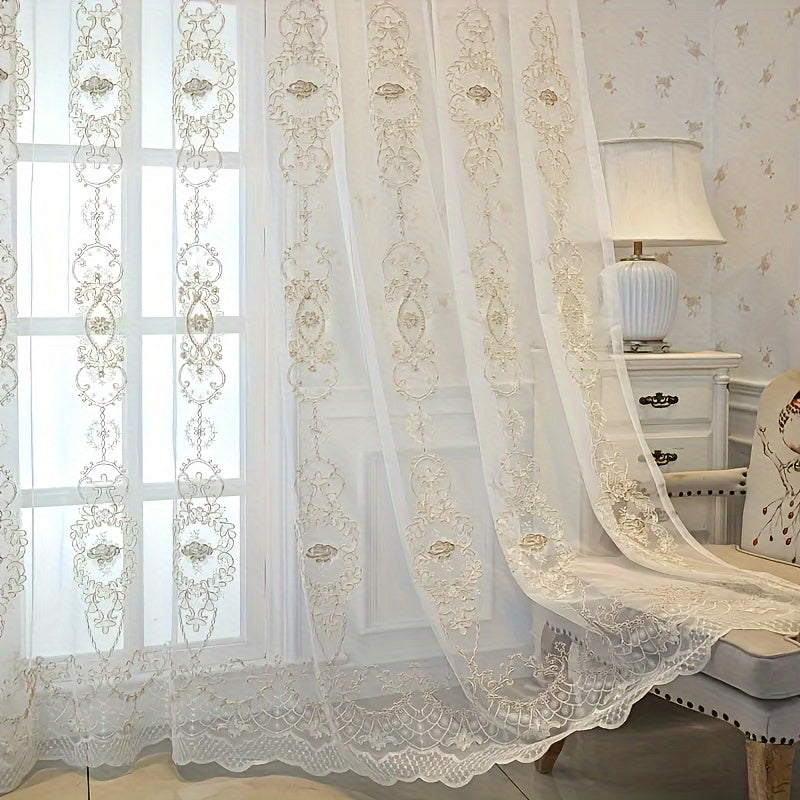 2Panels Embroidered Transparent Curtains, Hanging By Grommets At The Top, Three-dimensional Embossed Flowers Breathable And Translucent Soft Reference Bedroom Living Room Dining Room Kitchen Balcony Room Decoration.