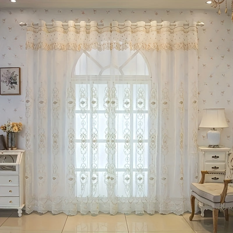 2Panels Embroidered Transparent Curtains, Hanging By Grommets At The Top, Three-dimensional Embossed Flowers Breathable And Translucent Soft Reference Bedroom Living Room Dining Room Kitchen Balcony Room Decoration.
