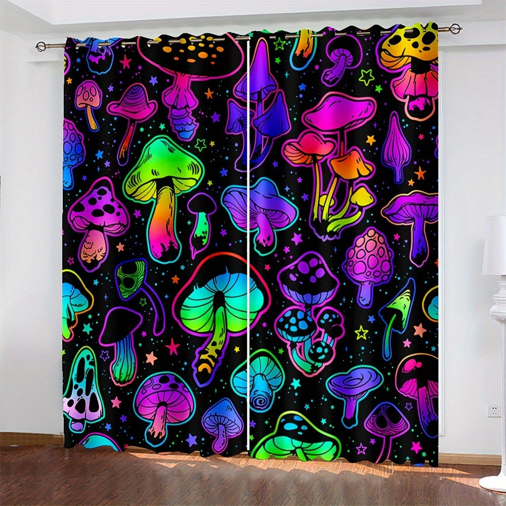 2pcs UV Neon Mushrooms Digital Printed Grommet Top Curtains for Living Room Office Home Decoration