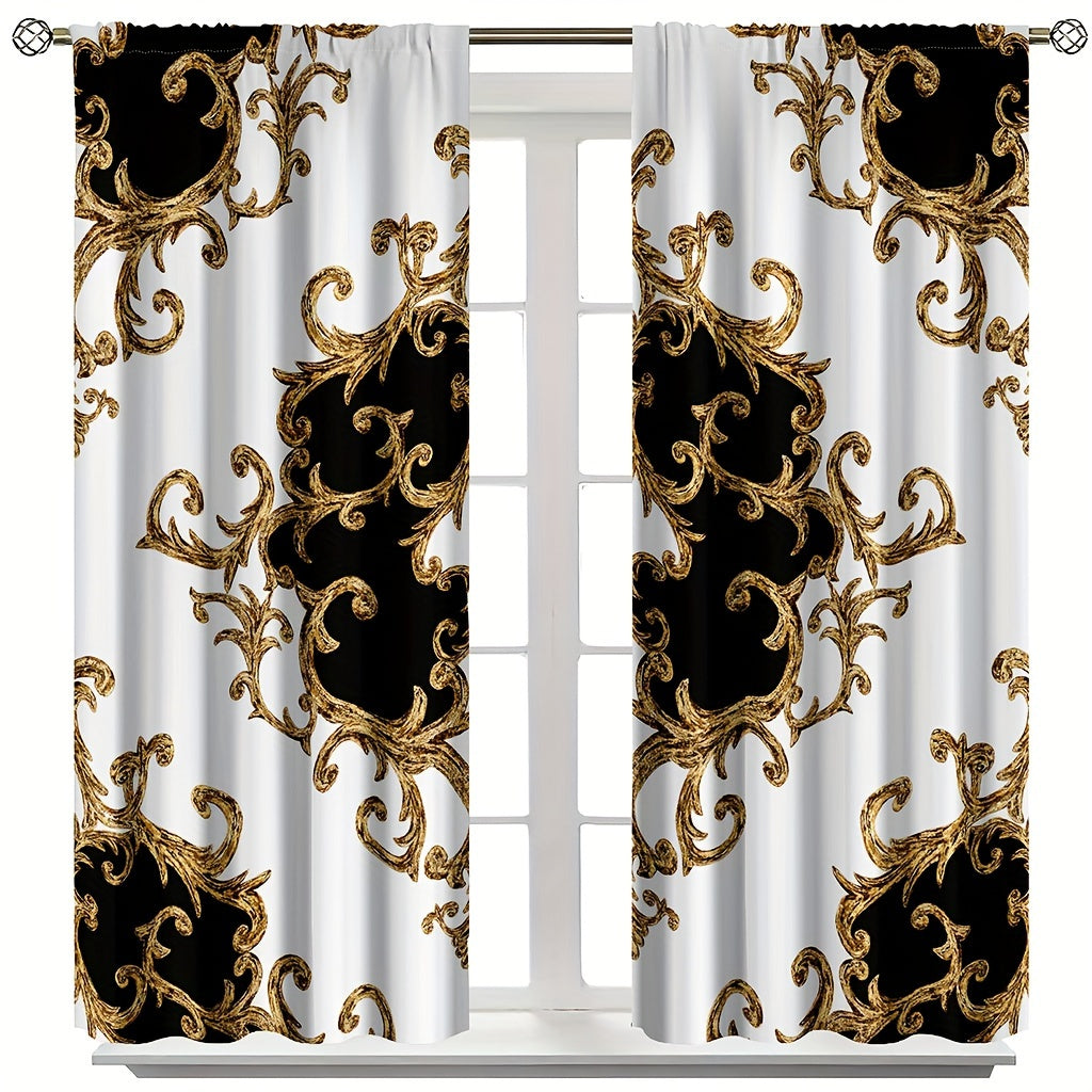2pcs Bohemian Chic Black and White Floral Pattern Rod Pocket Window Curtains - Golden Modern Art Printed, Living Room Home Decor Essentials with Elegant Drapes and Easy Installation