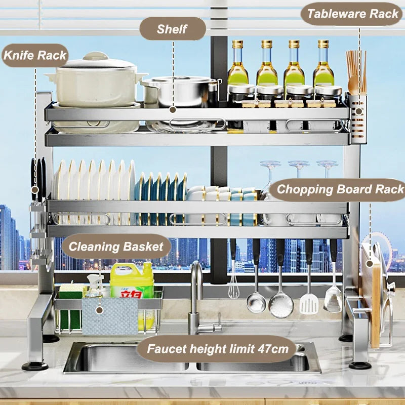 Kitchen Storage Rack Countertop Sink Shelf Bowl Draining Rack Multifunctional Dish Cutlery Knife Spoon Sink Rack Set Organizer