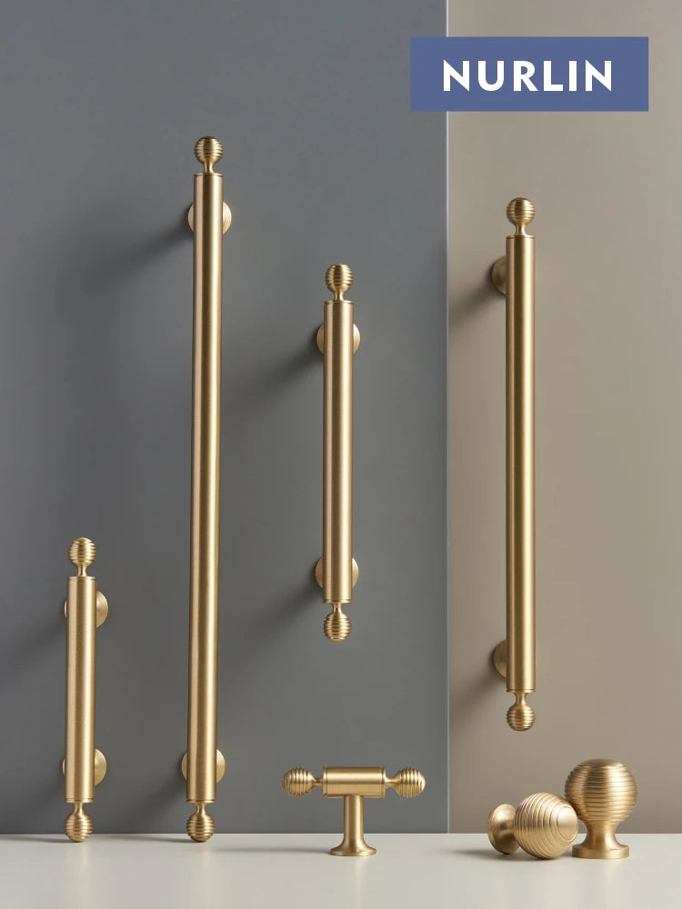 Nurlin French Luxury Solid Brass Kitchen Cabinet Furniture Drawer Cabinet Door Handle Round Knobs T-Bar Wardrobe Pull