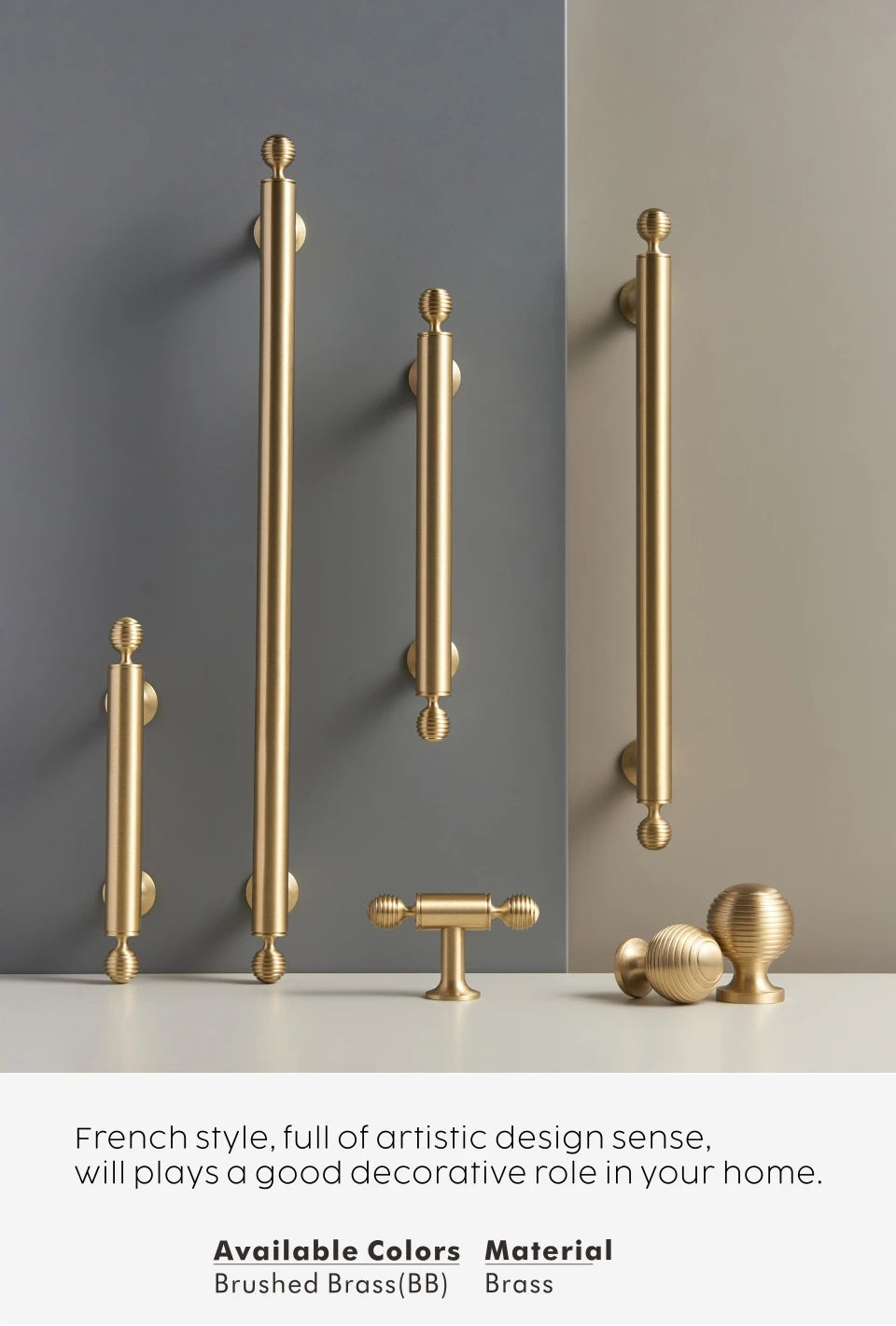 Nurlin French Luxury Solid Brass Kitchen Cabinet Furniture Drawer Cabinet Door Handle Round Knobs T-Bar Wardrobe Pull