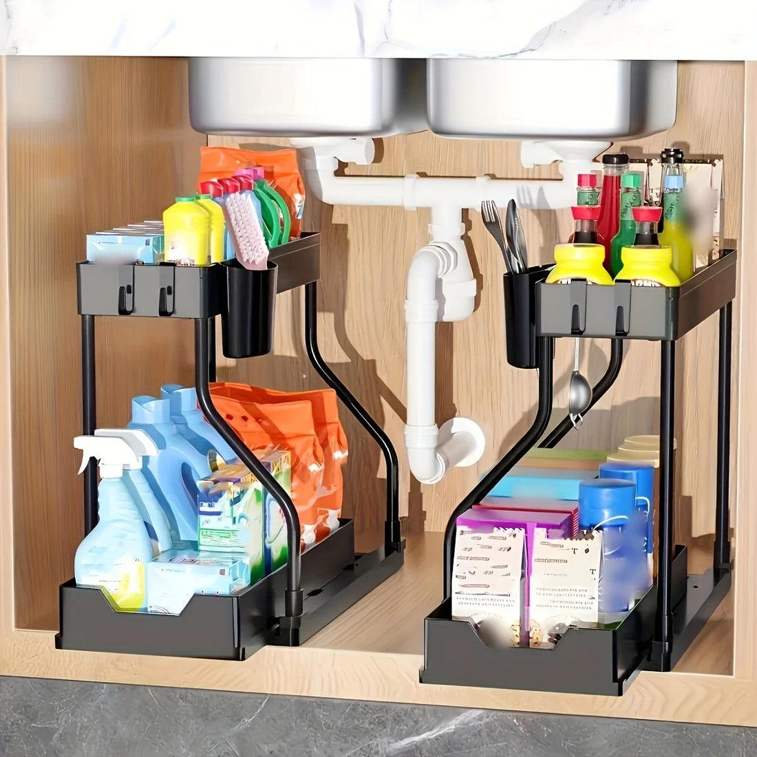 Kitchen Pull-out Shelf Cabinet Lower Sink Kitchenware Storage Bathroom Double Storage Shelf