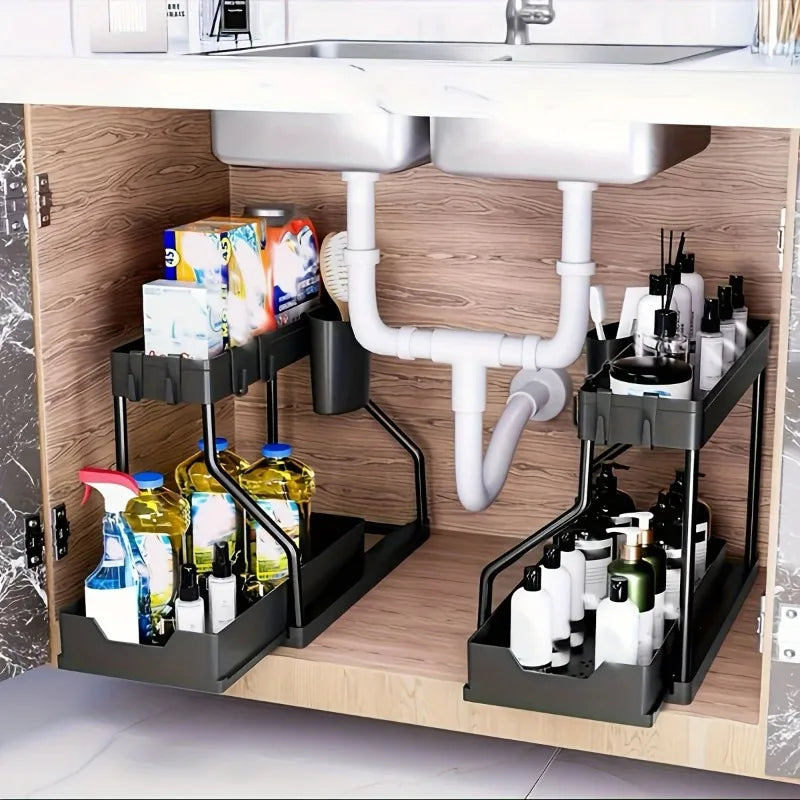 Kitchen Pull-out Shelf Cabinet Lower Sink Kitchenware Storage Bathroom Double Storage Shelf