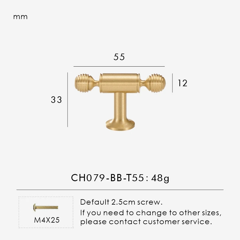 Nurlin French Luxury Solid Brass Kitchen Cabinet Furniture Drawer Cabinet Door Handle Round Knobs T-Bar Wardrobe Pull