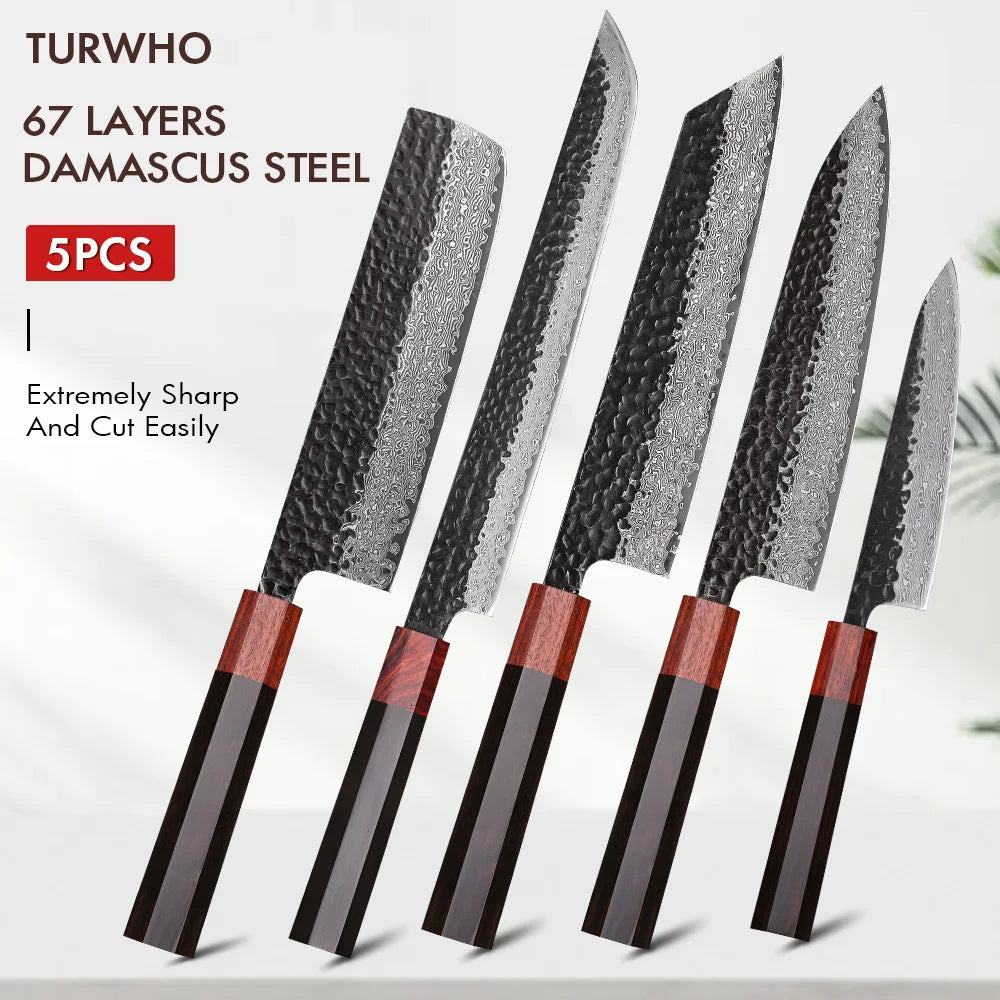 TURWHO 1-5PCS Kitchen Knives Set 67 Layers Damascus Steel VG10 Core Japanese Chef's Knife Kiritsuke Knife Kitchen Accessories