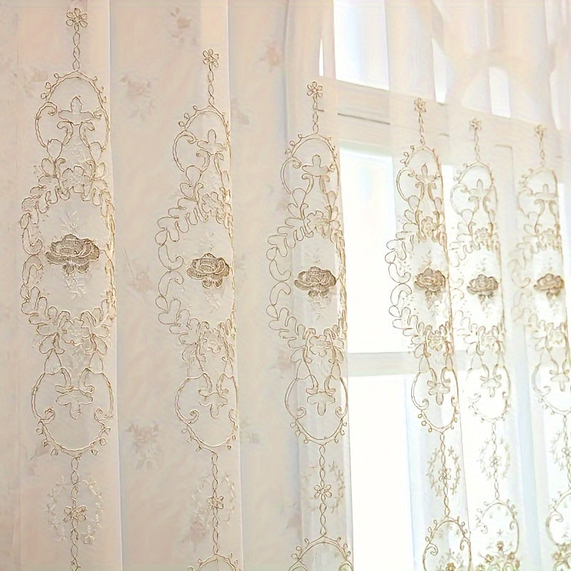 2Panels Embroidered Transparent Curtains, Hanging By Grommets At The Top, Three-dimensional Embossed Flowers Breathable And Translucent Soft Reference Bedroom Living Room Dining Room Kitchen Balcony Room Decoration.