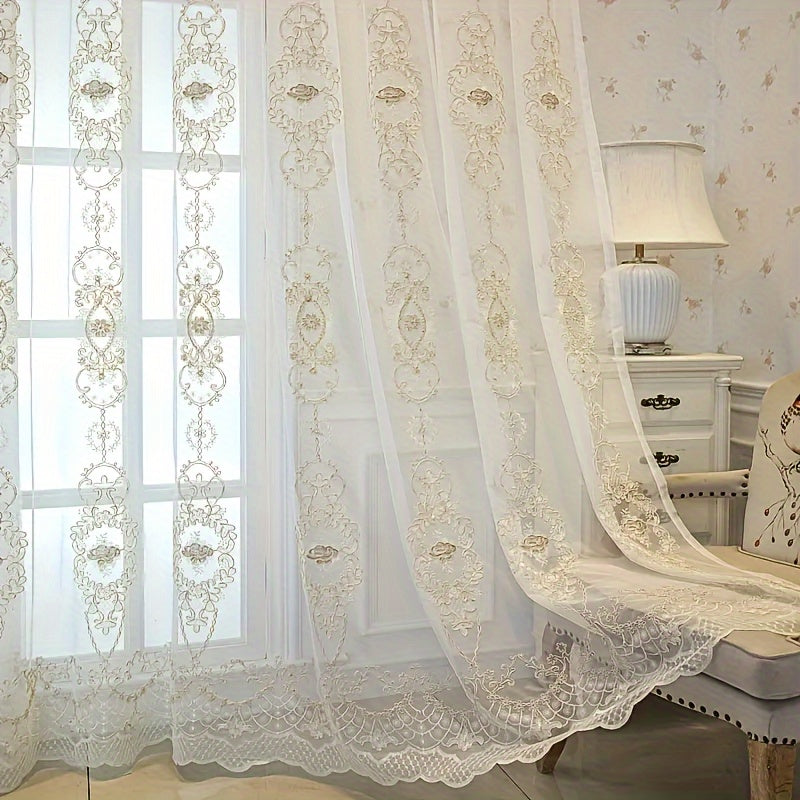 2Panels Embroidered Transparent Curtains, Hanging By Grommets At The Top, Three-dimensional Embossed Flowers Breathable And Translucent Soft Reference Bedroom Living Room Dining Room Kitchen Balcony Room Decoration.