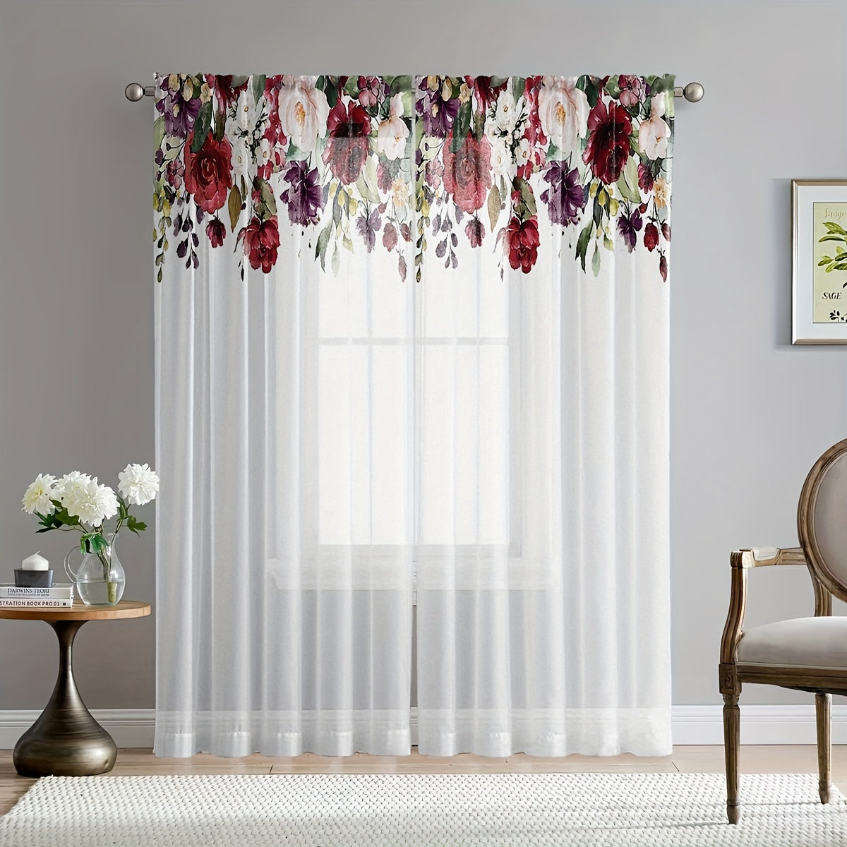2pcs Rose Print Semi-sheer Curtains, Rod Pocket Decorative Window Drapes, Window Treatments For Bedroom Living Room, Home Decoration, Room Decoration