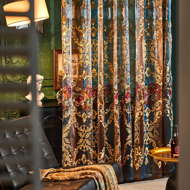 2PCS Vintage American Lace and Embroidery Sheer Curtains with Transparent Fabric for Home Window Decoration