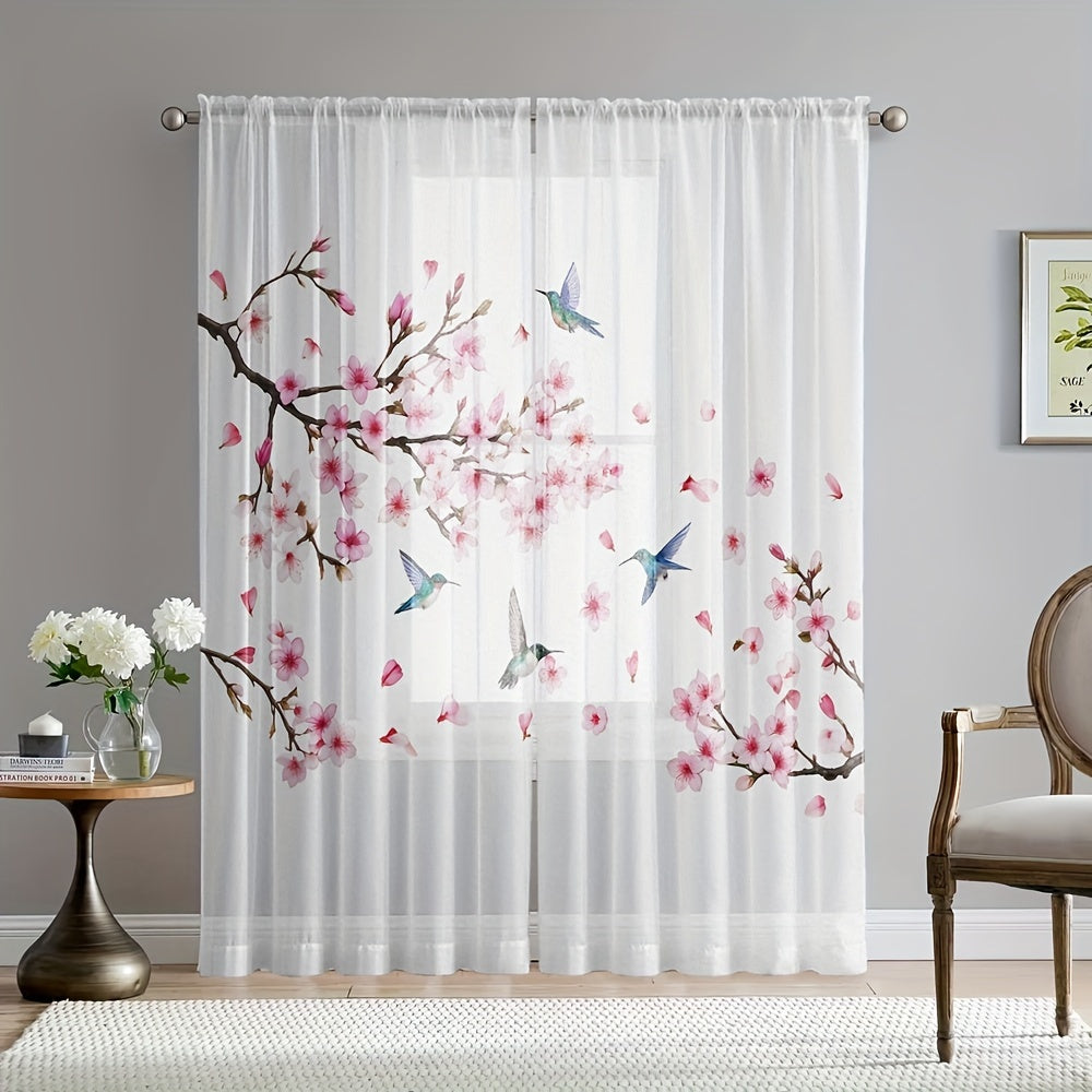 2pcs Plum Blossom & Bird Print Semi-sheer Curtains, Rod Pocket Decorative Window Curtains, Window Treatments For Bedroom Living Room, Home Decoration, Room Decoration