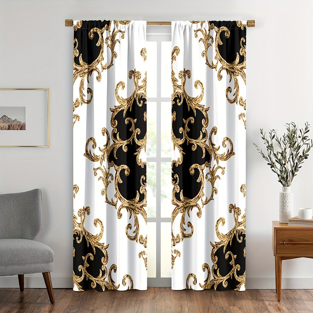 2pcs Bohemian Chic Black and White Floral Pattern Rod Pocket Window Curtains - Golden Modern Art Printed, Living Room Home Decor Essentials with Elegant Drapes and Easy Installation