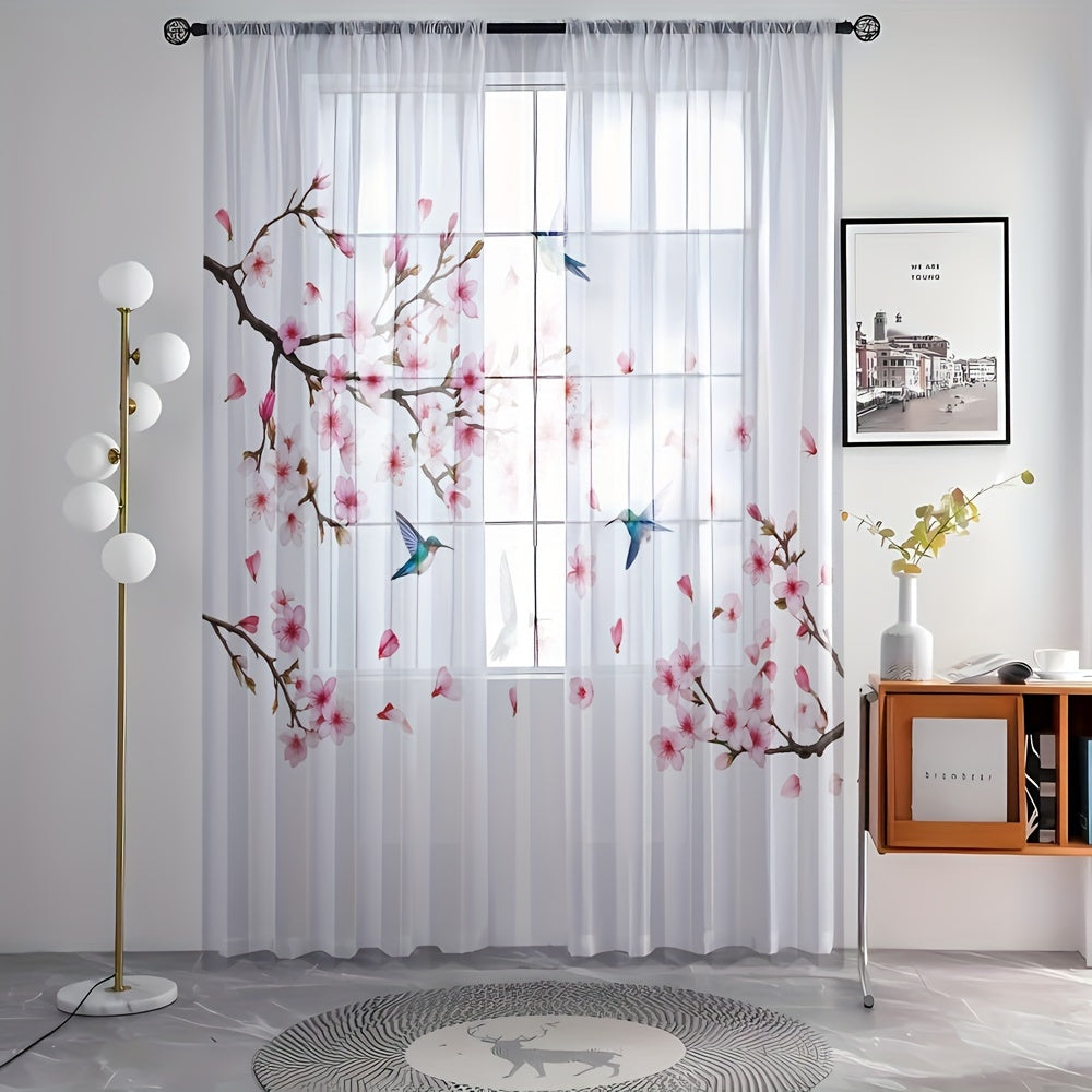 2pcs Plum Blossom & Bird Print Semi-sheer Curtains, Rod Pocket Decorative Window Curtains, Window Treatments For Bedroom Living Room, Home Decoration, Room Decoration