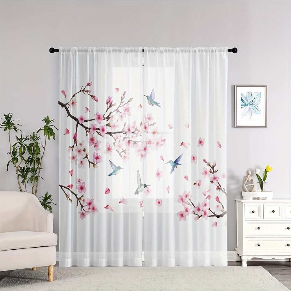 2pcs Plum Blossom & Bird Print Semi-sheer Curtains, Rod Pocket Decorative Window Curtains, Window Treatments For Bedroom Living Room, Home Decoration, Room Decoration