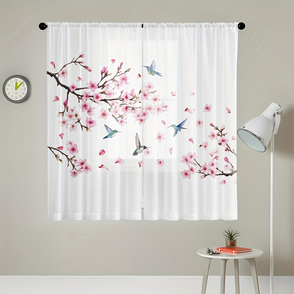 2pcs Plum Blossom & Bird Print Semi-sheer Curtains, Rod Pocket Decorative Window Curtains, Window Treatments For Bedroom Living Room, Home Decoration, Room Decoration