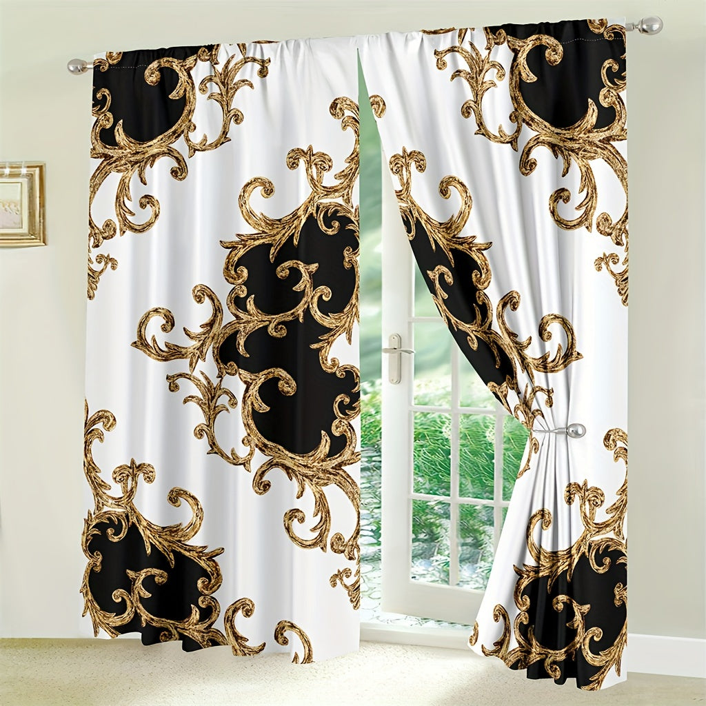 2pcs Bohemian Chic Black and White Floral Pattern Rod Pocket Window Curtains - Golden Modern Art Printed, Living Room Home Decor Essentials with Elegant Drapes and Easy Installation