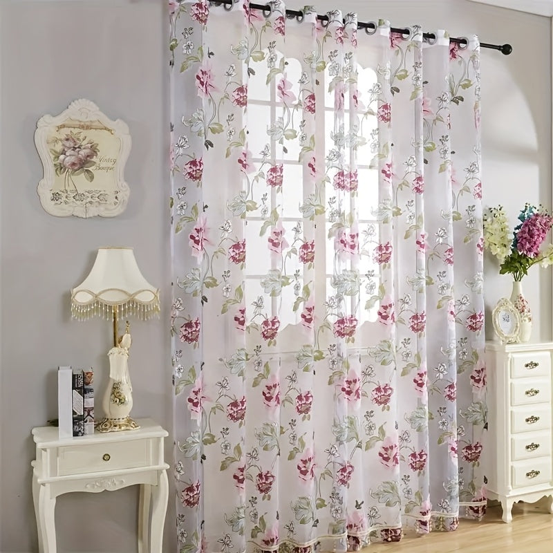 2pcs Classic Peony Floral Yarn Curtains, Living Room Bedroom Girl Room Tulle Eyelet Grommet Top Purple Pink Curtains Home Decor