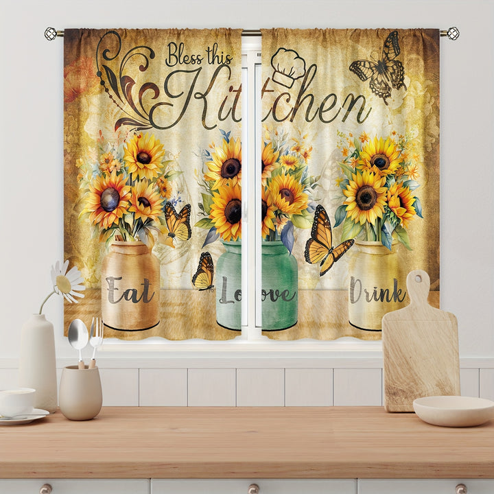 2/3pcs - Polyester - Vintage Rustic Yellow Floral Watercolor Plant Sunflower Kitchen Curtains with Positive Quotes, Suitable for Country-Style Cafes, Offices, Living Rooms, Bedrooms, Dining Rooms, And Home Decor.