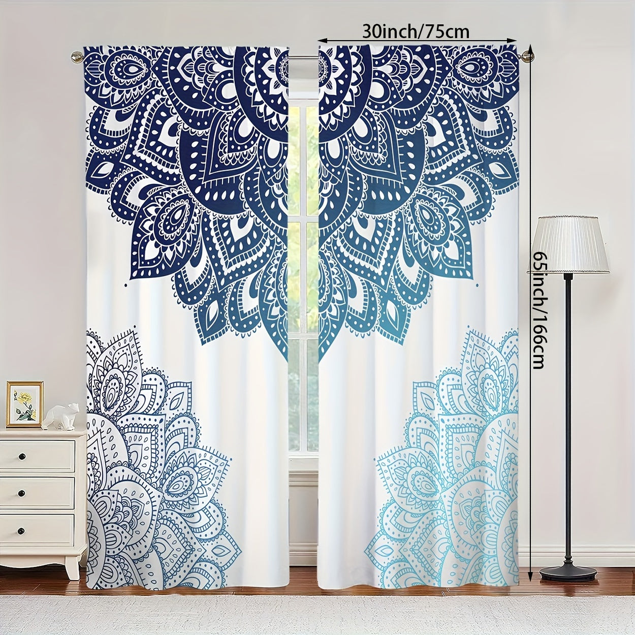 2pcs Bohemian Blue Mandala Print Curtains, Rod Pocket Decorative Window Drapes, Window Treatments For Bedroom Living Room, Home Decoration, Room Decoration