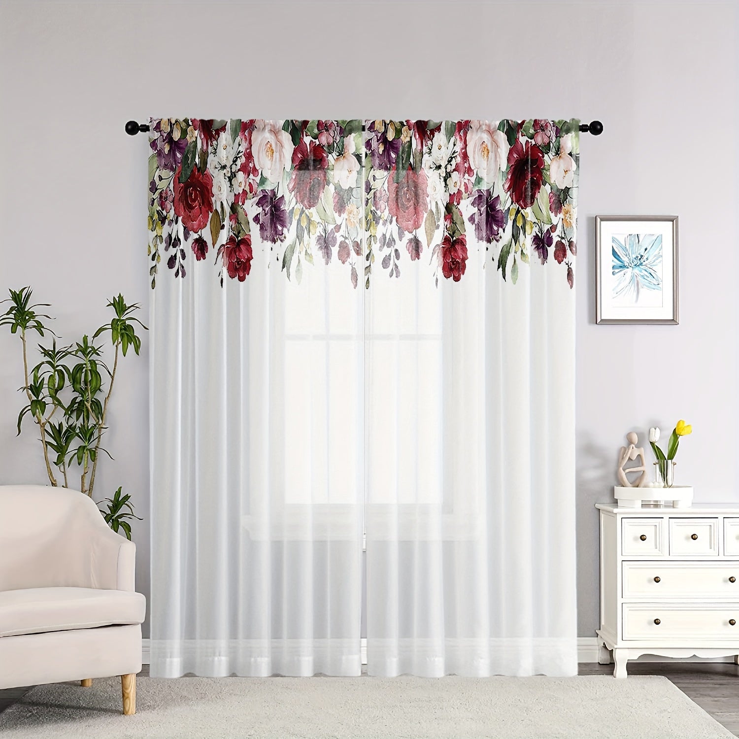 2pcs Rose Print Semi-sheer Curtains, Rod Pocket Decorative Window Drapes, Window Treatments For Bedroom Living Room, Home Decoration, Room Decoration