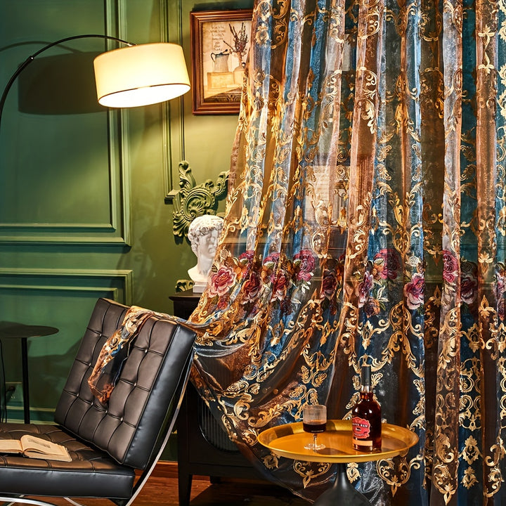 2PCS Vintage American Lace and Embroidery Sheer Curtains with Transparent Fabric for Home Window Decoration